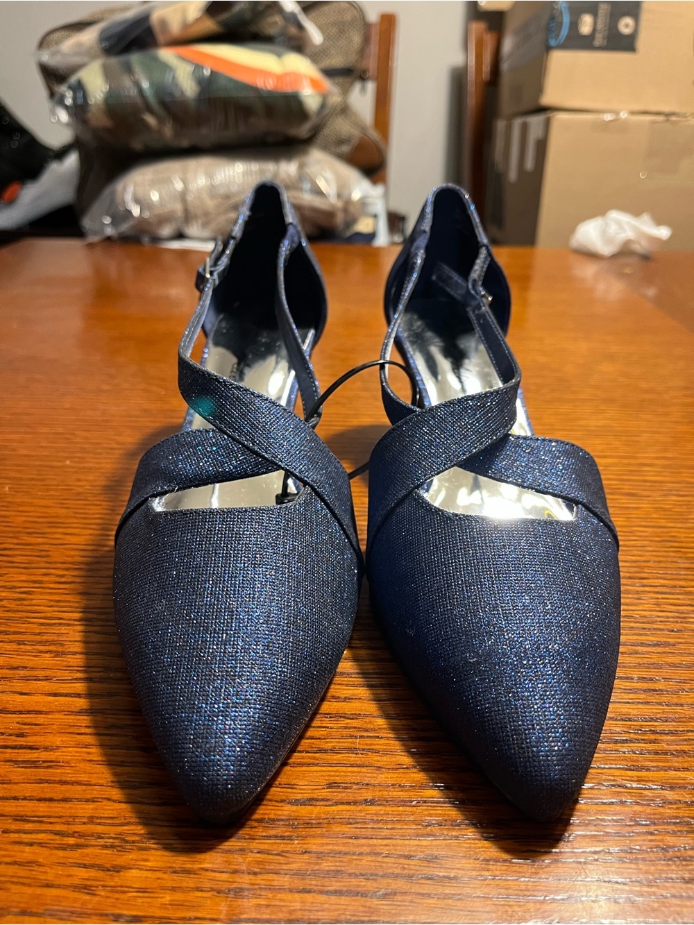 Easy street alive 5 Sparkle Navy Pointed Toe Crisscross Slingback Heels 9 wide